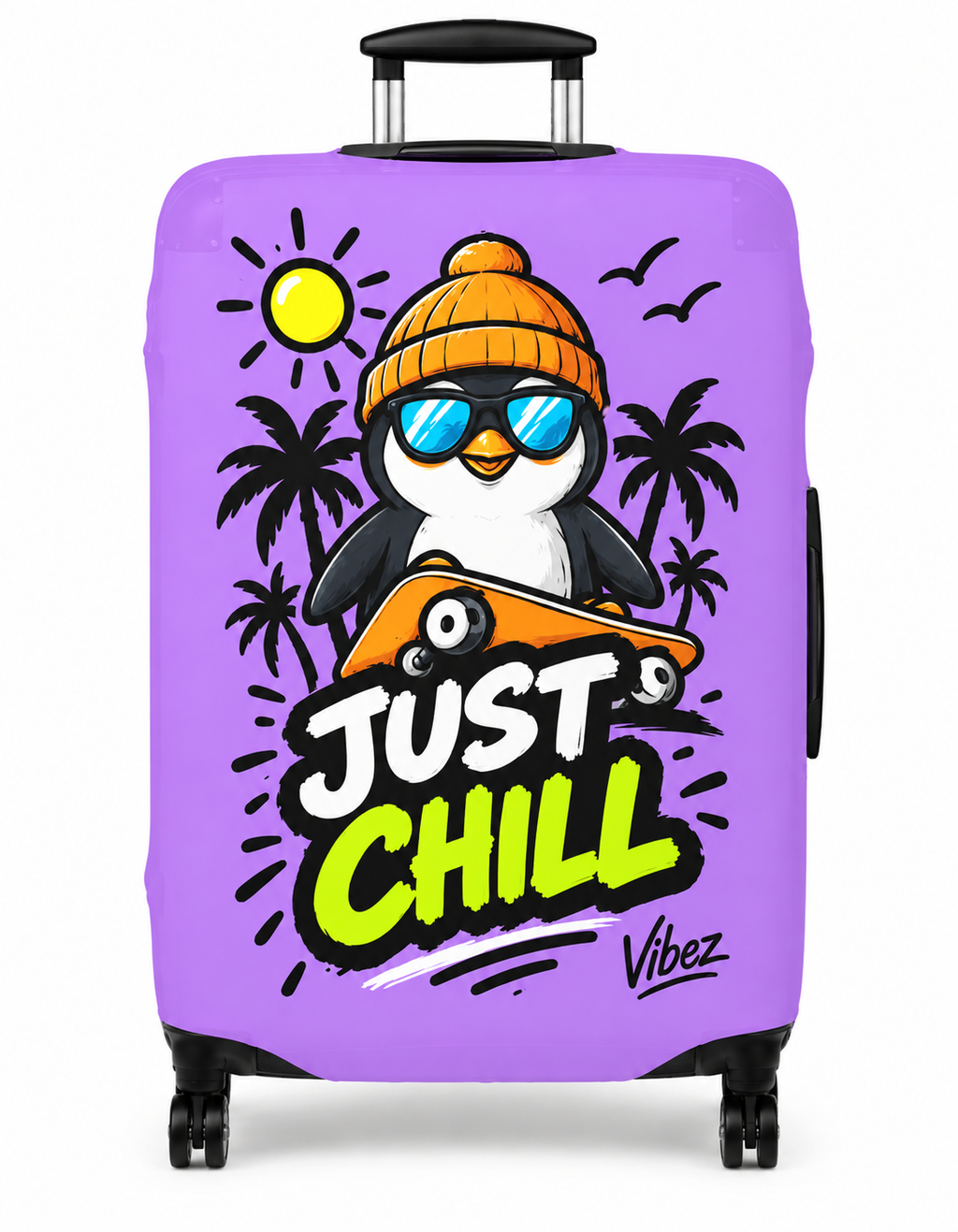 Just Chill Penguin Luggage Cover | Purple Skateboard Beach Design