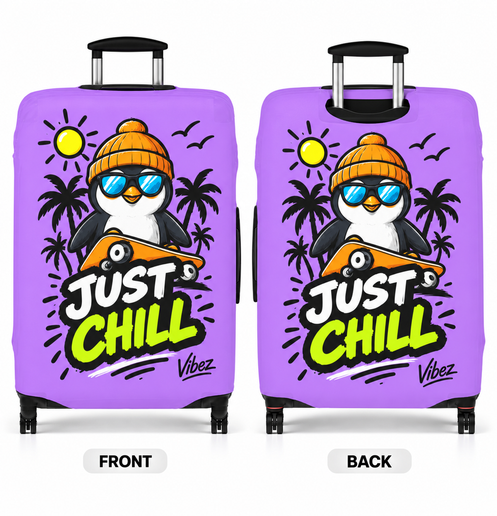 Just Chill Penguin Luggage Cover | Purple Skateboard Beach Design