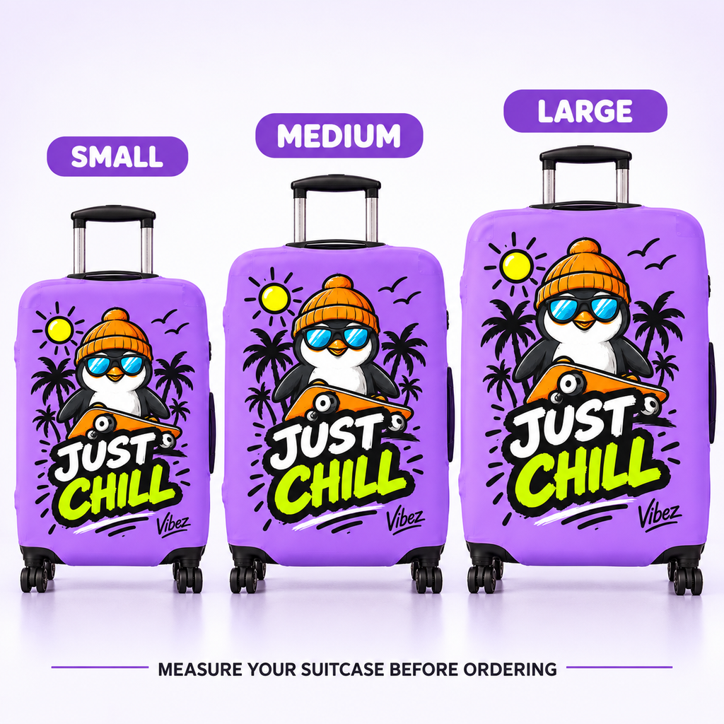 Just Chill Penguin Luggage Cover | Purple Skateboard Beach Design