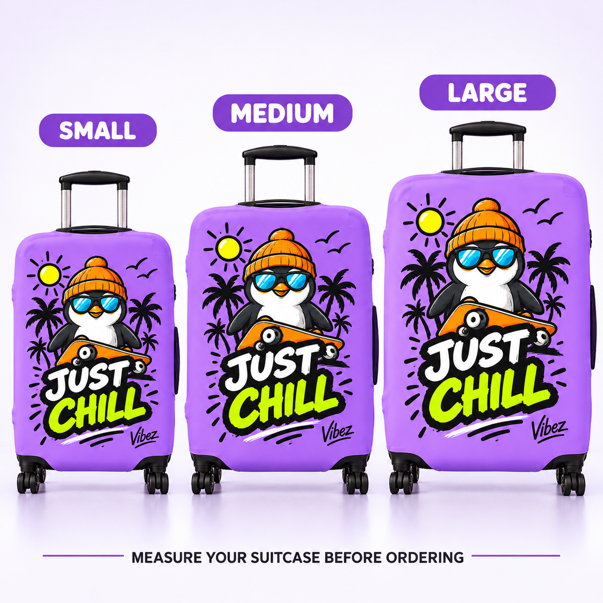 Just Chill Penguin Luggage Cover | Purple Skateboard Beach Design