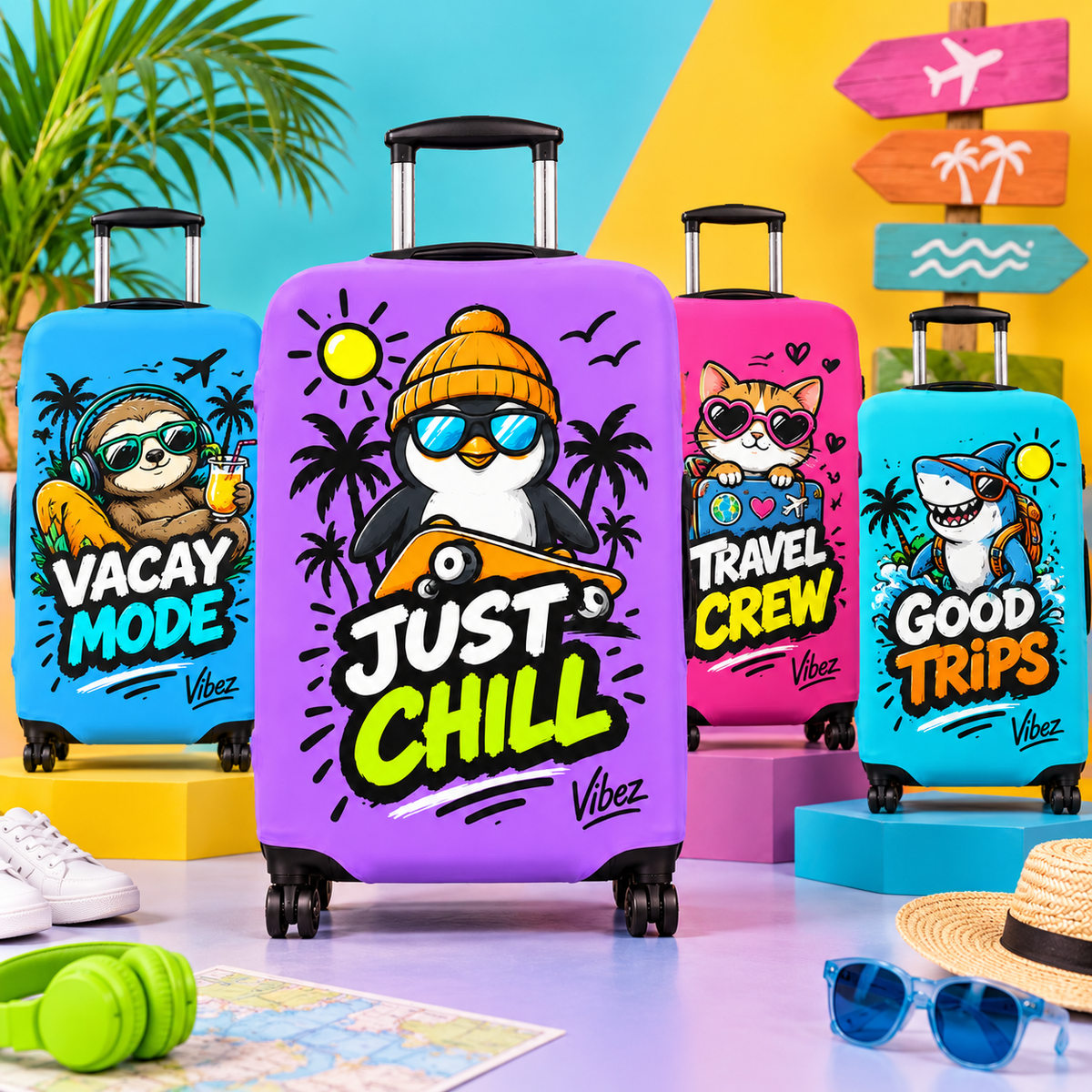 Just Chill Penguin Luggage Cover | Purple Skateboard Beach Design