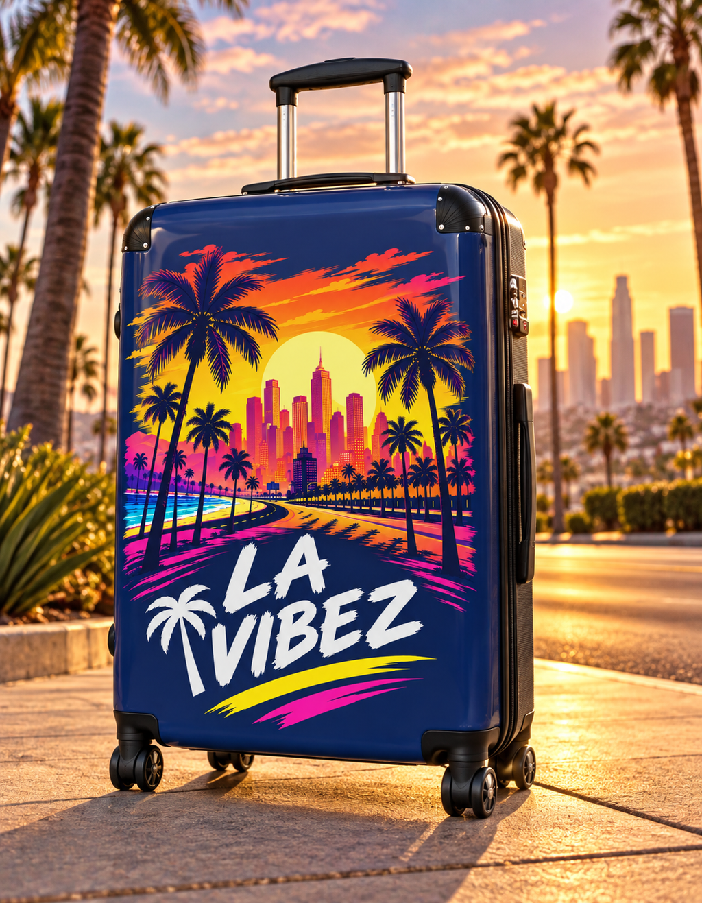 LA Vibez suitcase | Retro Sunset Palm Trees, Los Angeles Skyline luggage