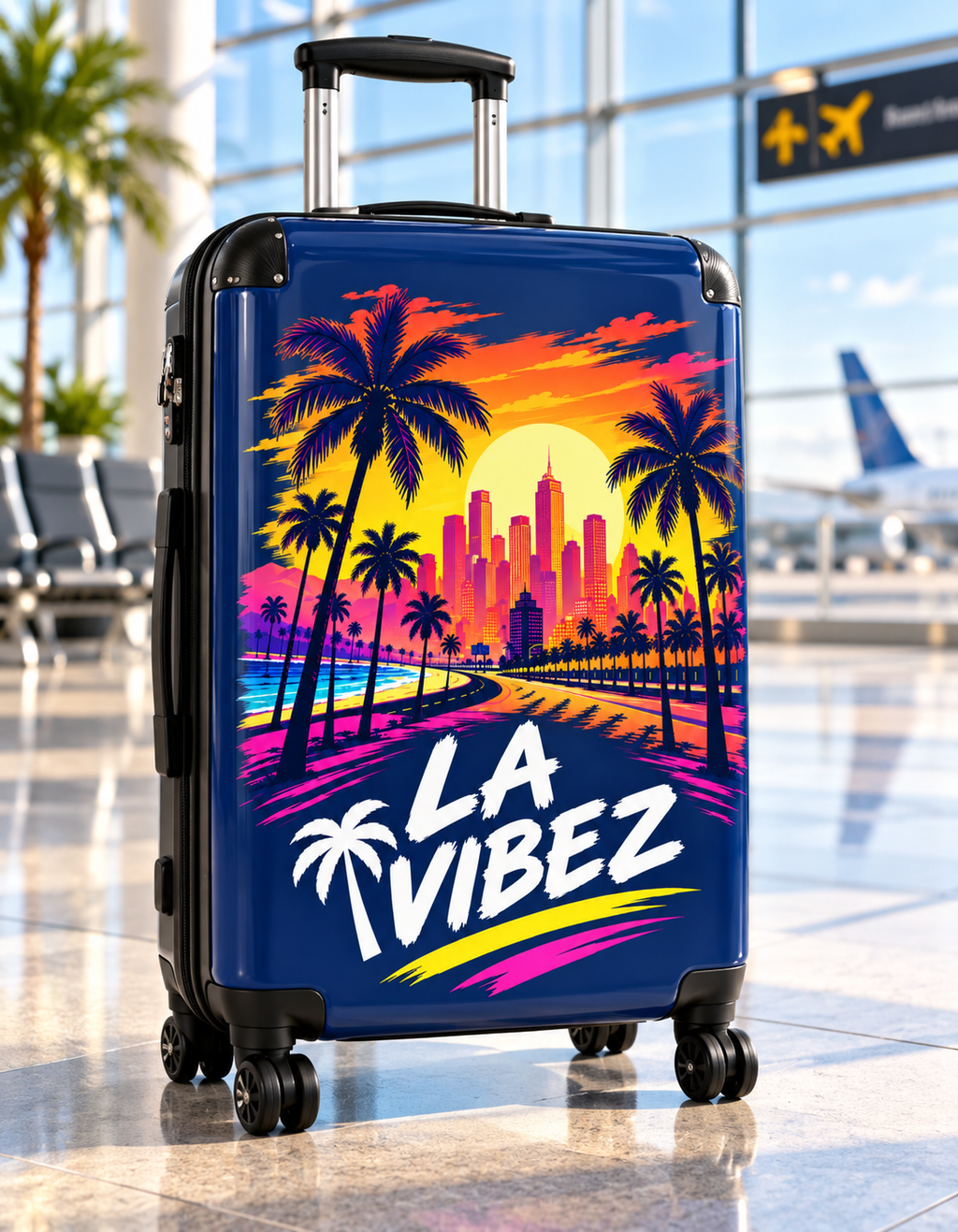 LA Vibez suitcase | Retro Sunset Palm Trees, Los Angeles Skyline luggage