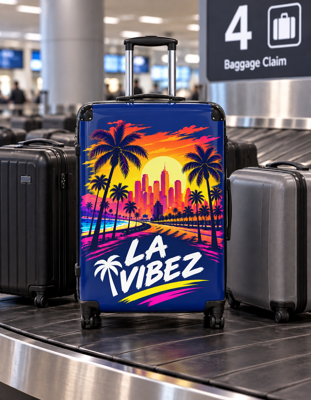 LA Vibez suitcase | Retro Sunset Palm Trees, Los Angeles Skyline luggage