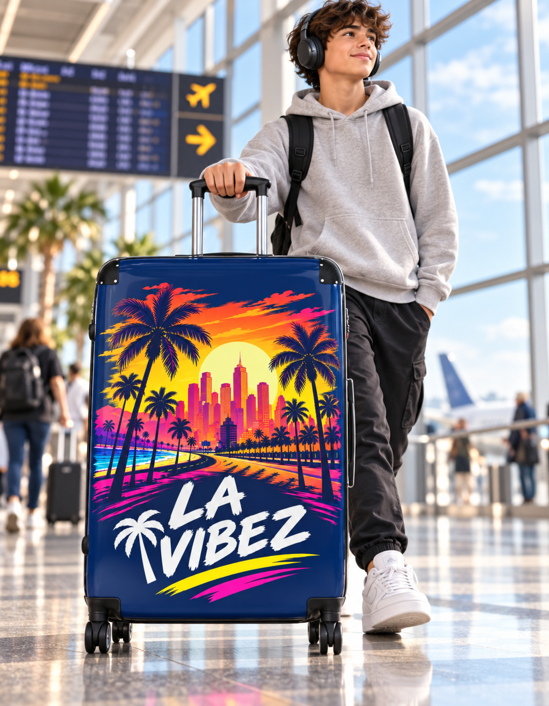 LA Vibez suitcase | Retro Sunset Palm Trees, Los Angeles Skyline luggage