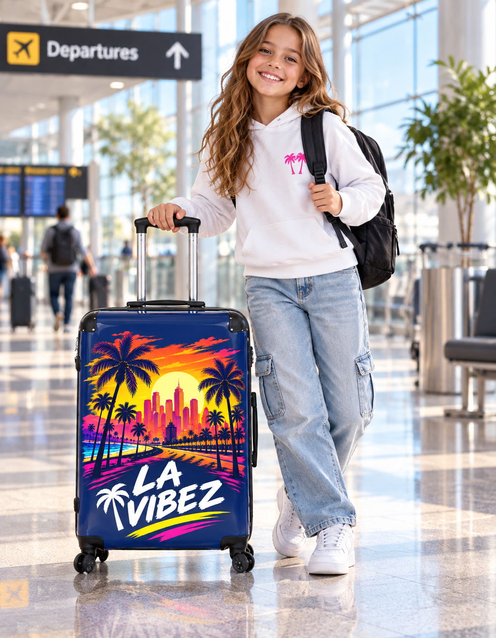 LA Vibez suitcase | Retro Sunset Palm Trees, Los Angeles Skyline luggage
