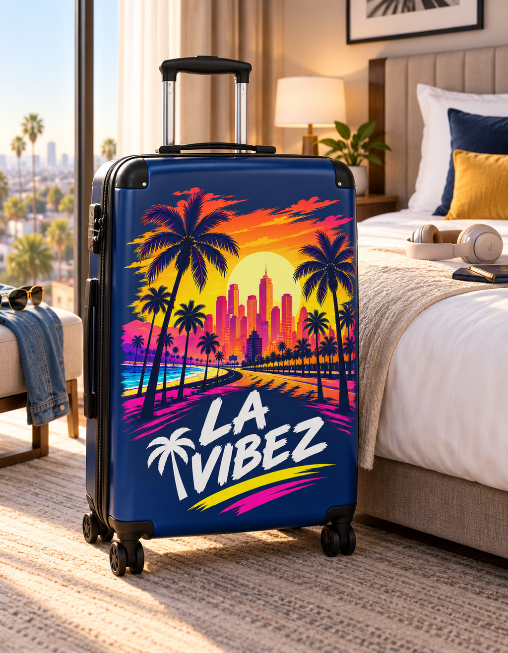 LA Vibez suitcase | Retro Sunset Palm Trees, Los Angeles Skyline luggage