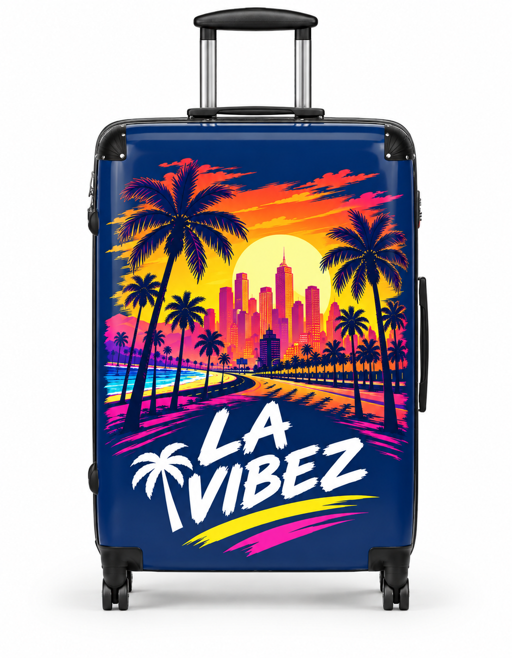 LA Vibez suitcase | Retro Sunset Palm Trees, Los Angeles Skyline luggage