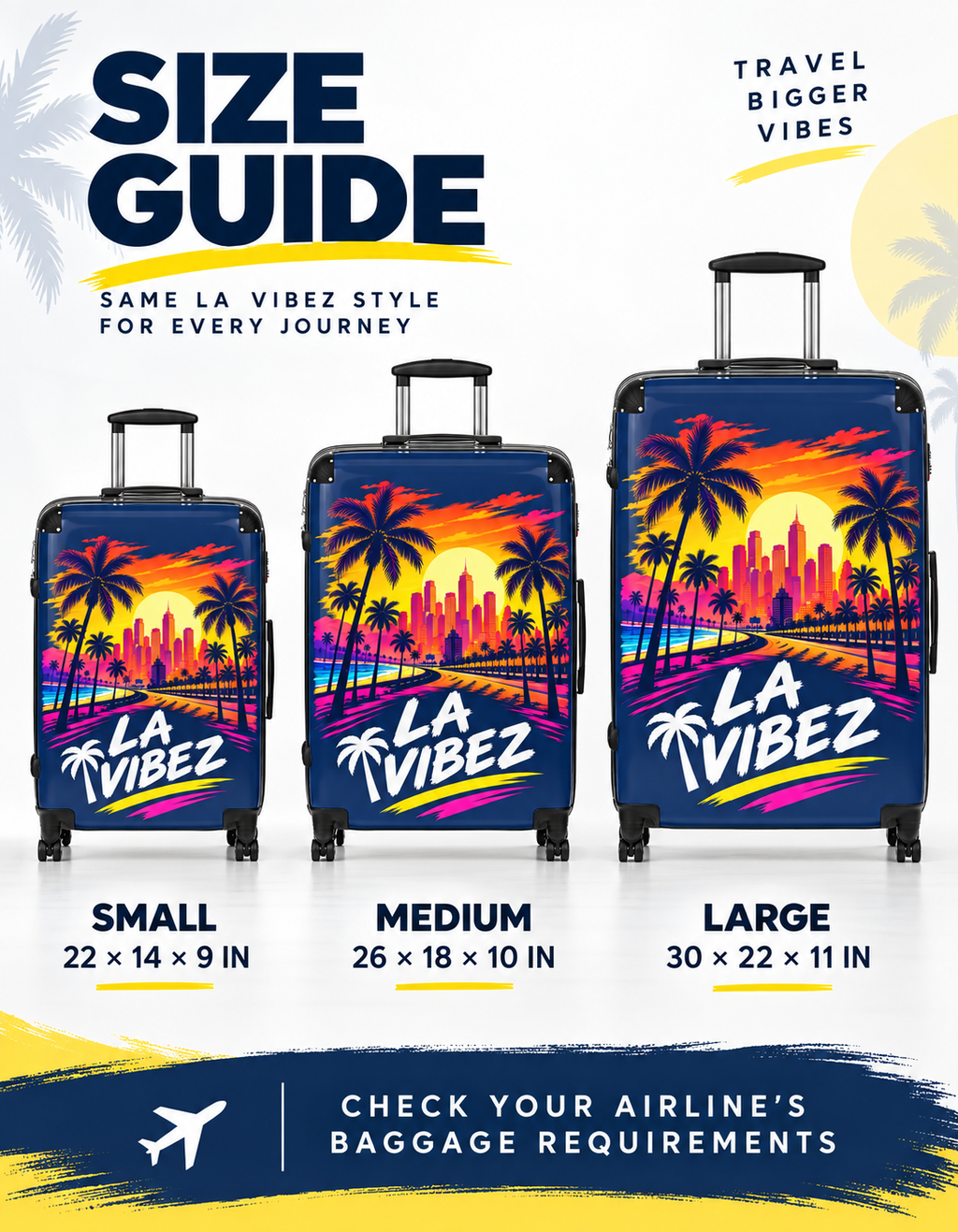 LA Vibez suitcase | Retro Sunset Palm Trees, Los Angeles Skyline luggage