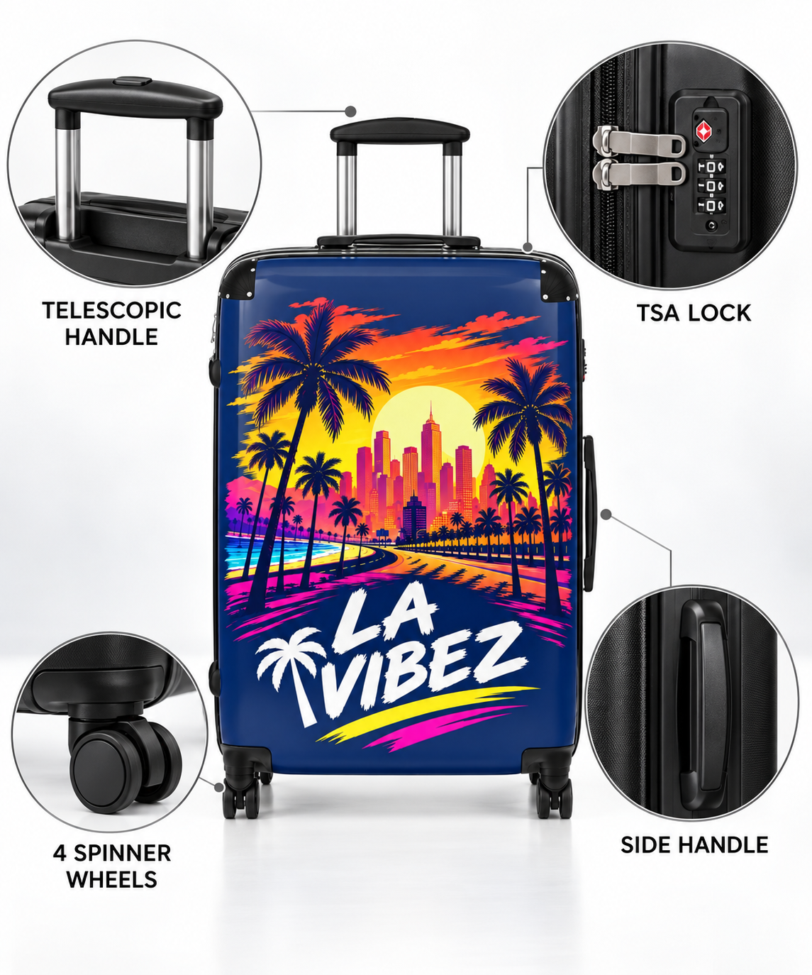 LA Vibez suitcase | Retro Sunset Palm Trees, Los Angeles Skyline luggage