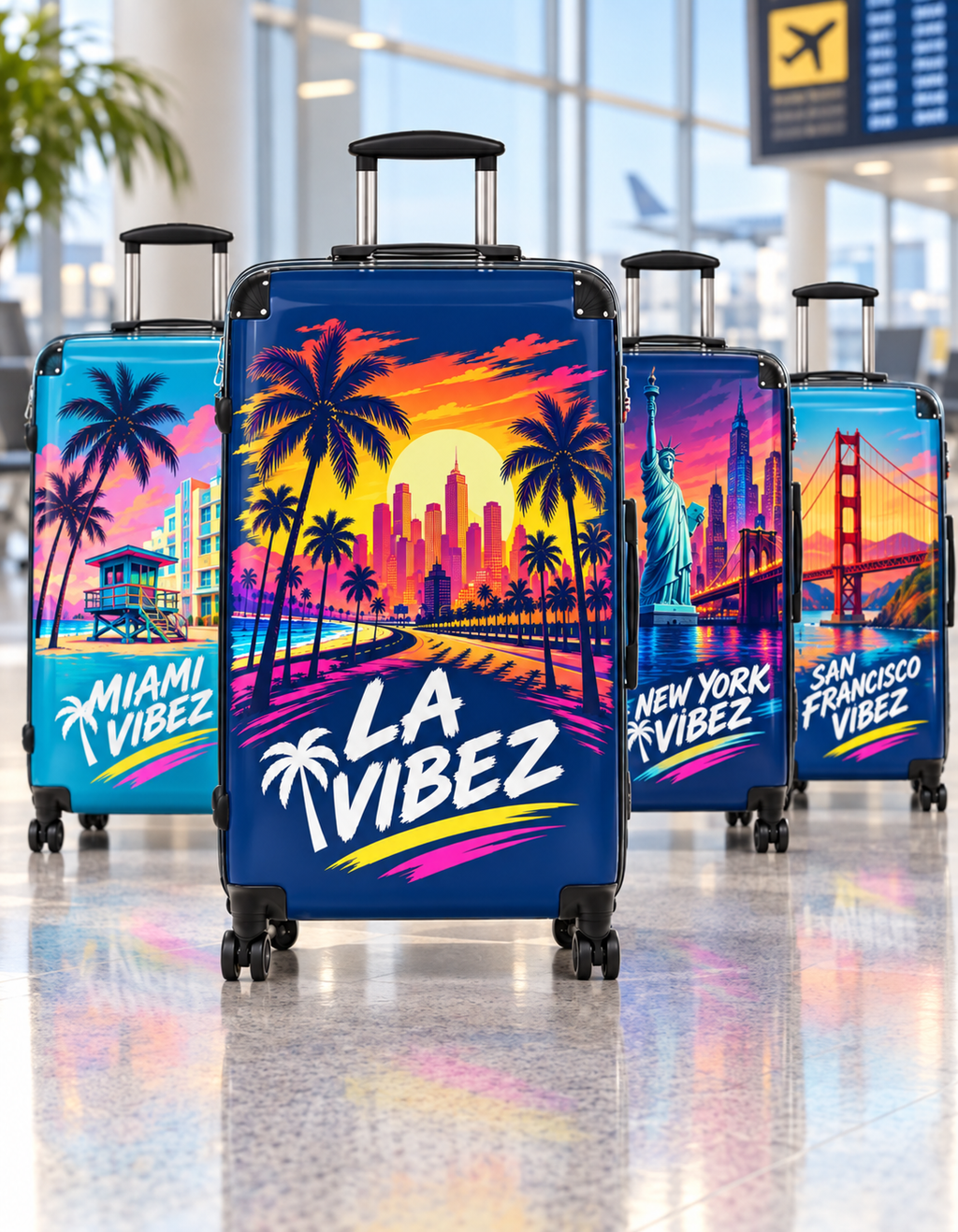 LA Vibez suitcase | Retro Sunset Palm Trees, Los Angeles Skyline luggage
