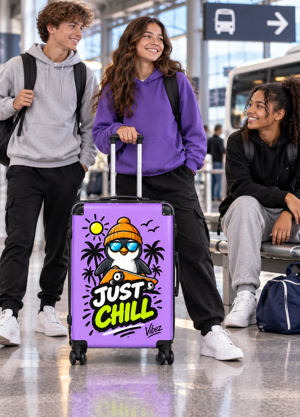 Just Chill Penguin suitcase | Cute skateboarding penguin