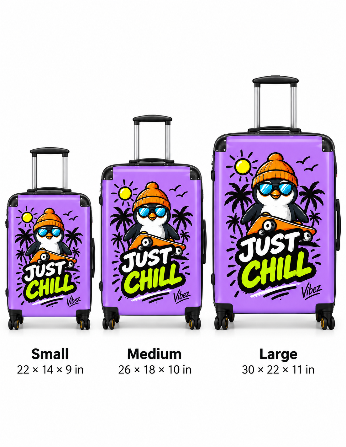 Just Chill Penguin suitcase | Cute skateboarding penguin