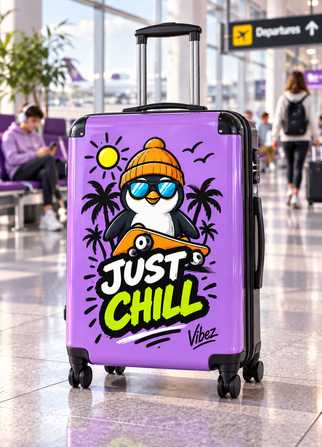 Just Chill Penguin suitcase | Cute skateboarding penguin