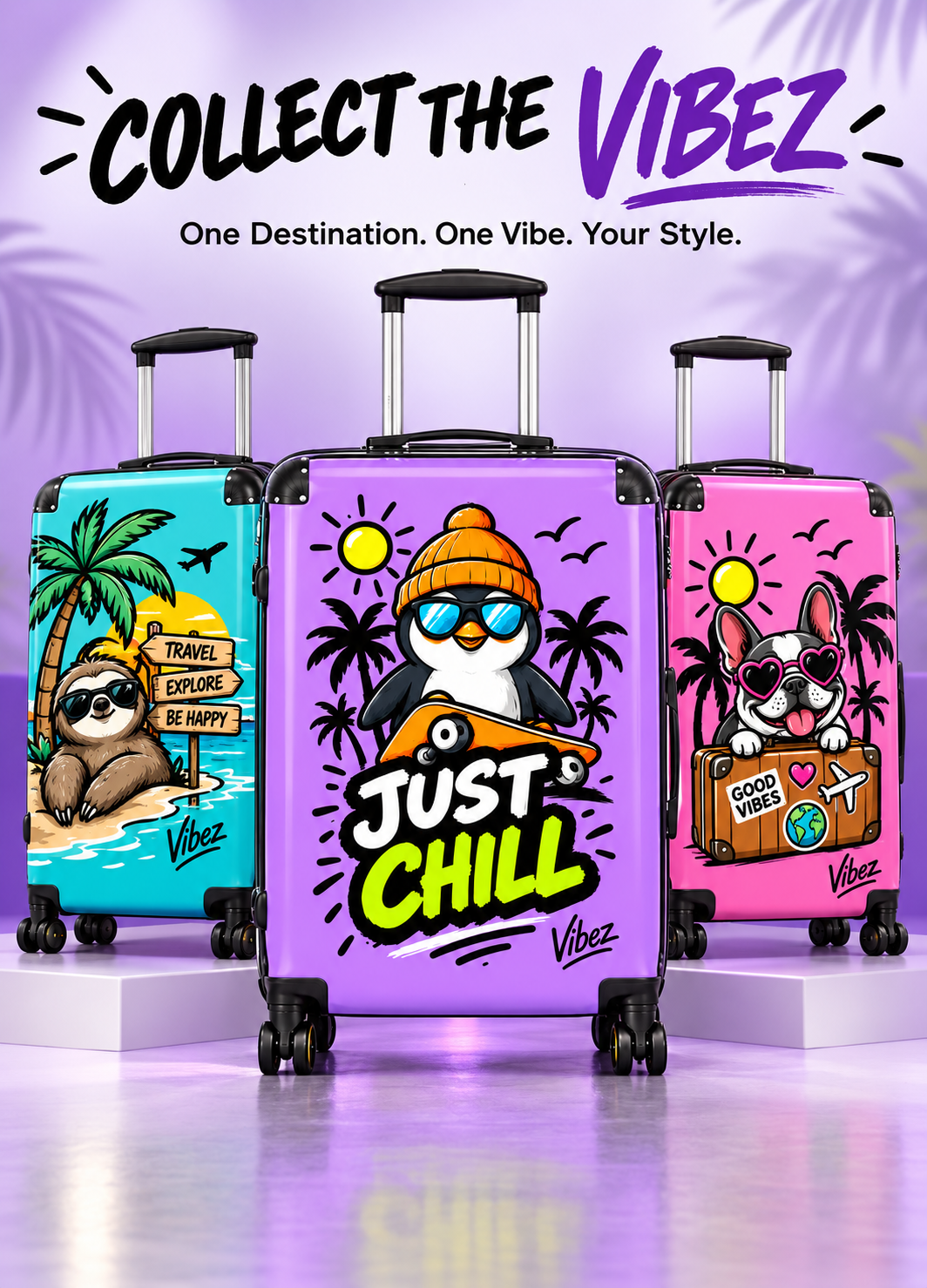 Just Chill Penguin suitcase | Cute skateboarding penguin