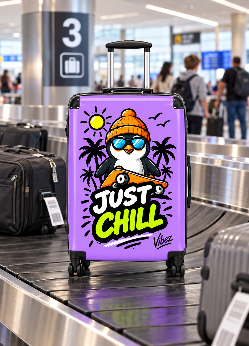 Just Chill Penguin suitcase | Cute skateboarding penguin