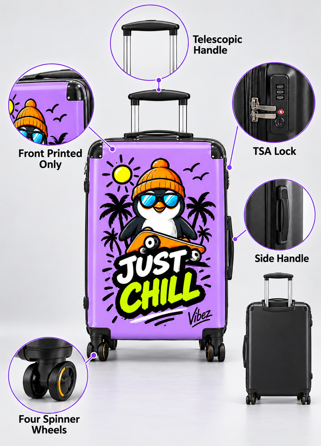 Just Chill Penguin suitcase | Cute skateboarding penguin