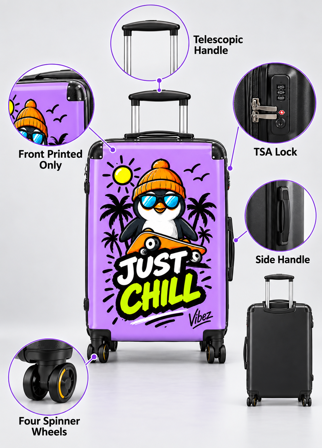 Just Chill Penguin suitcase | Cute skateboarding penguin