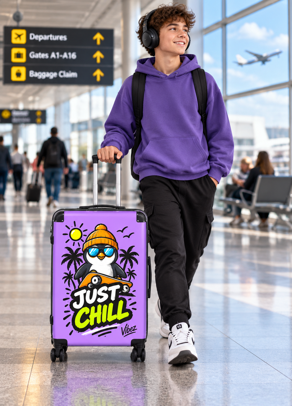 Just Chill Penguin suitcase | Cute skateboarding penguin