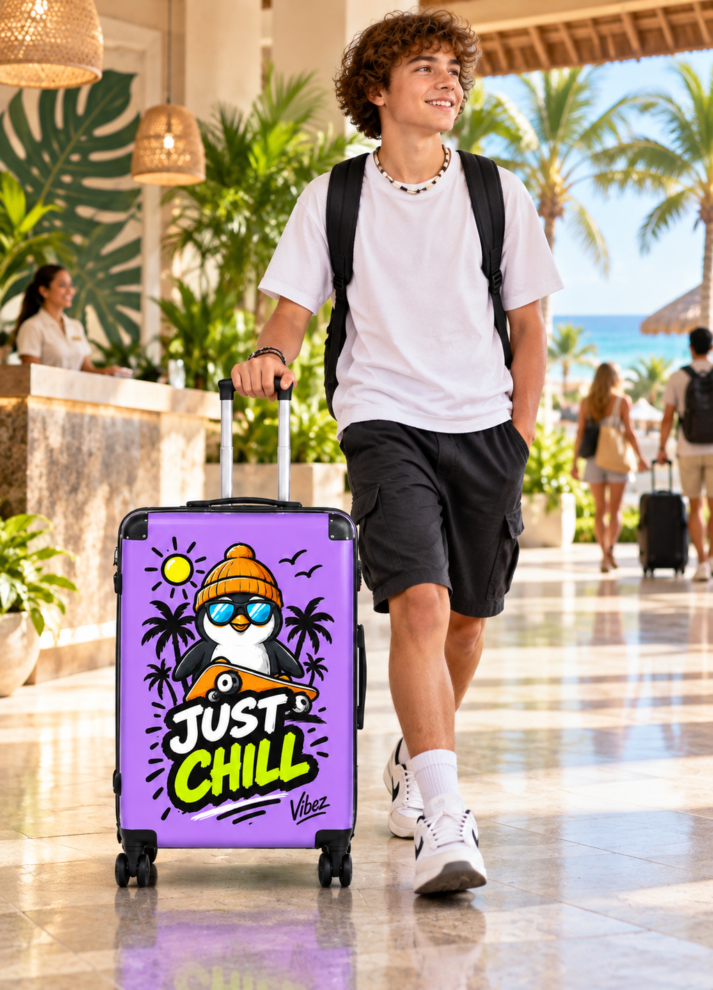Just Chill Penguin suitcase | Cute skateboarding penguin
