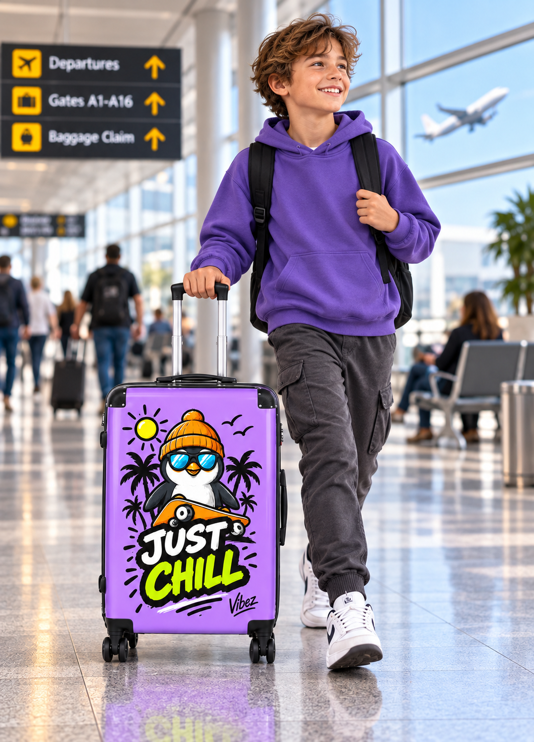 Just Chill Penguin suitcase | Cute skateboarding penguin