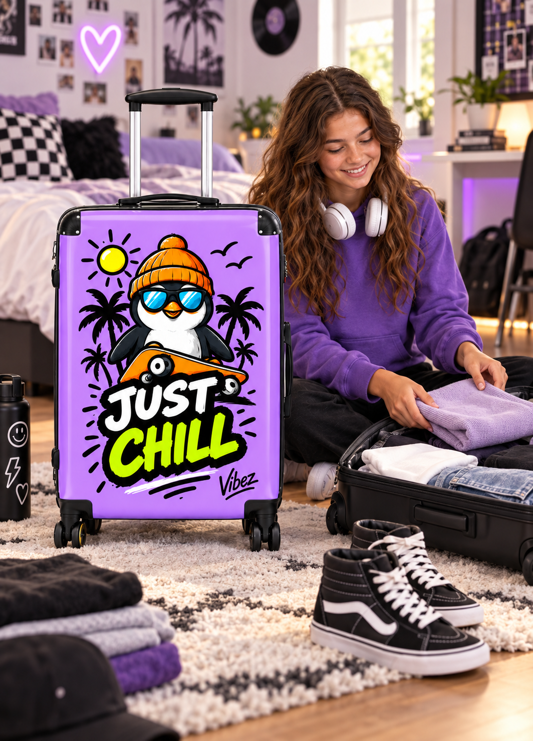 Just Chill Penguin suitcase | Cute skateboarding penguin