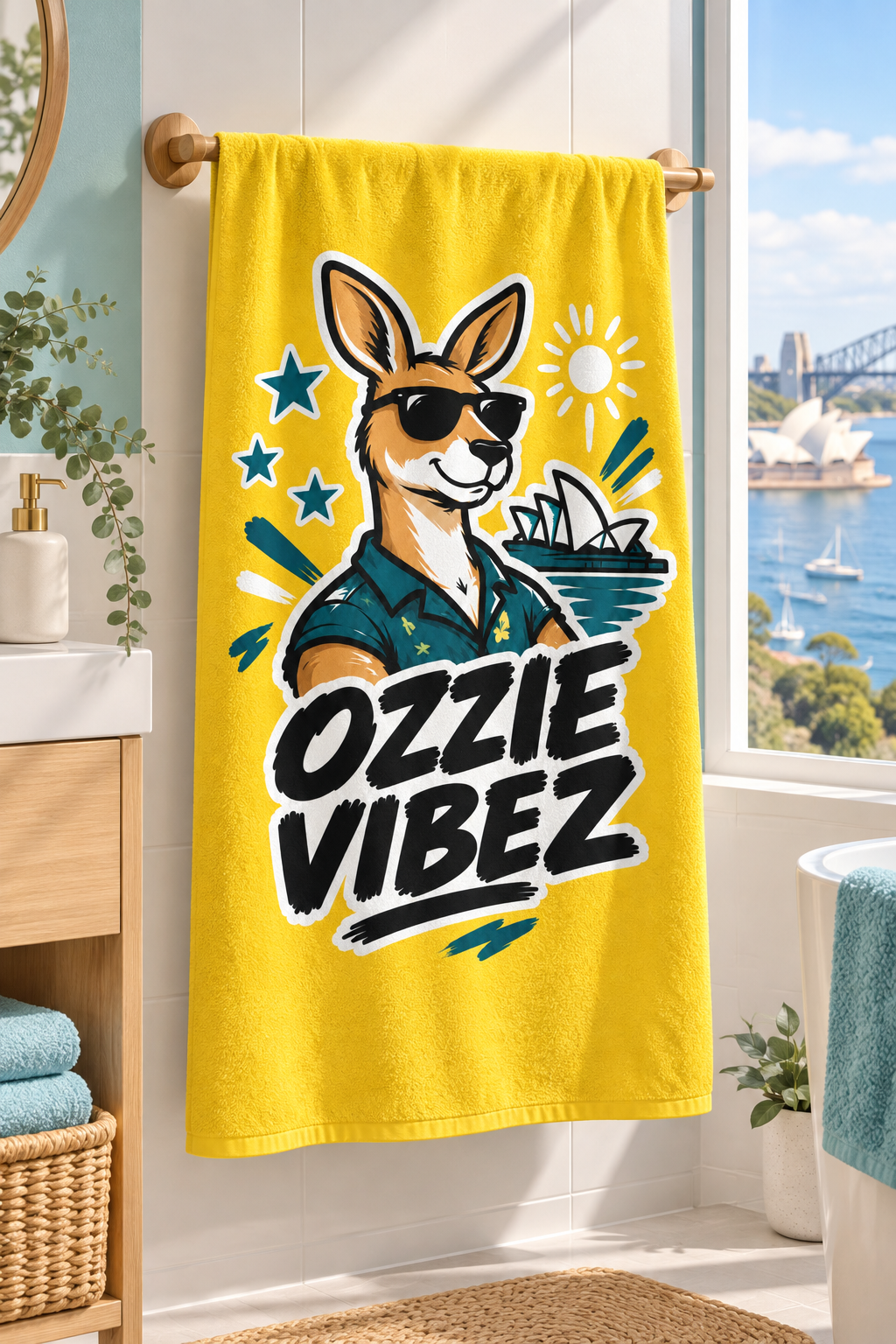 Ozzie Vibez Kangaroo Sunglasses Beach Towel | Sydney Opera House Design