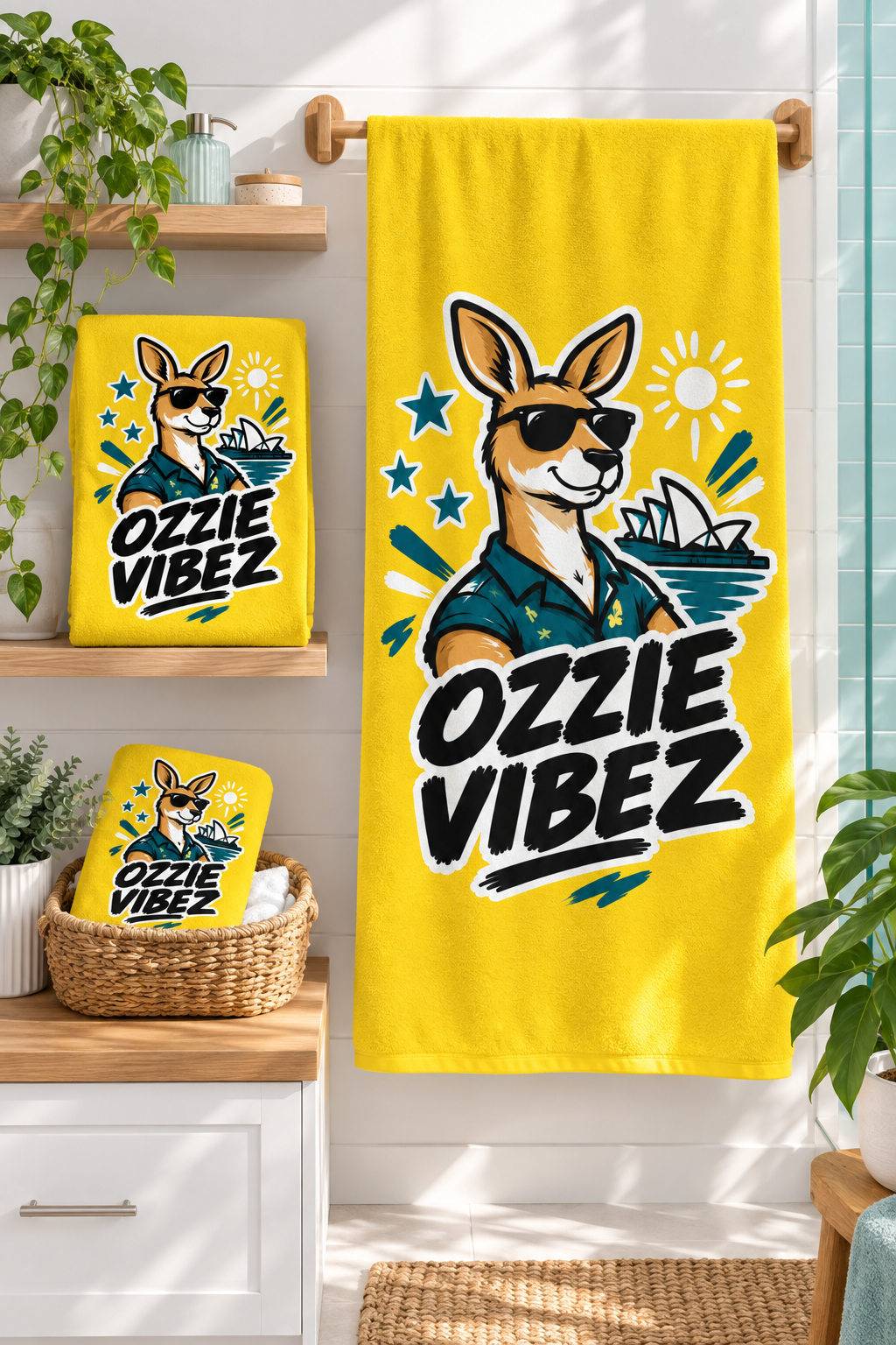Ozzie Vibez Kangaroo Sunglasses Beach Towel | Sydney Opera House Design