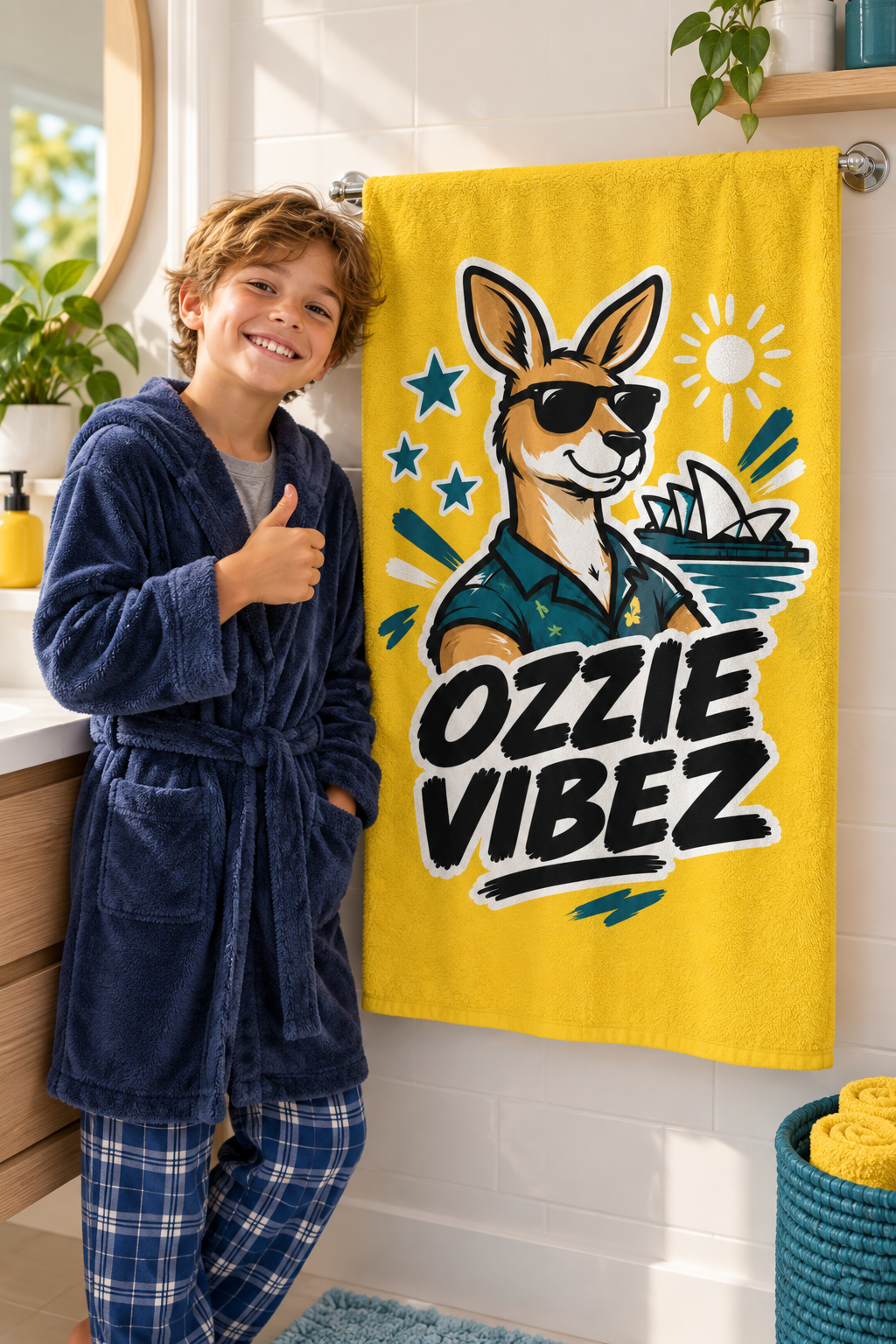 Ozzie Vibez Kangaroo Sunglasses Beach Towel | Sydney Opera House Design