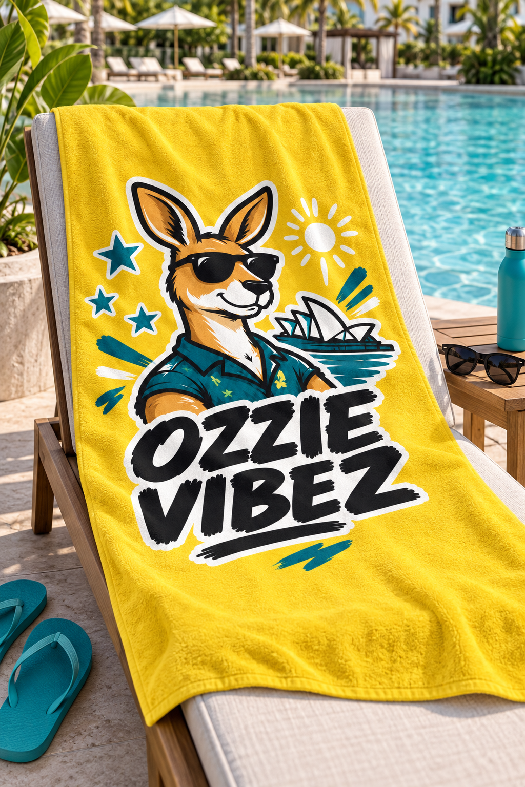 Ozzie Vibez Kangaroo Sunglasses Beach Towel | Sydney Opera House Design