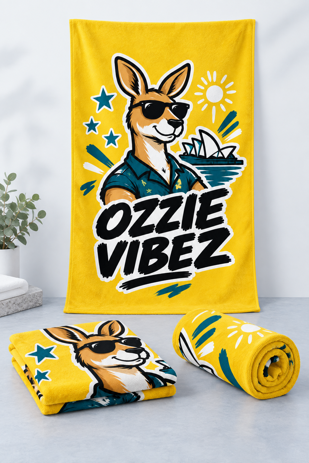 Ozzie Vibez Kangaroo Sunglasses Beach Towel | Sydney Opera House Design