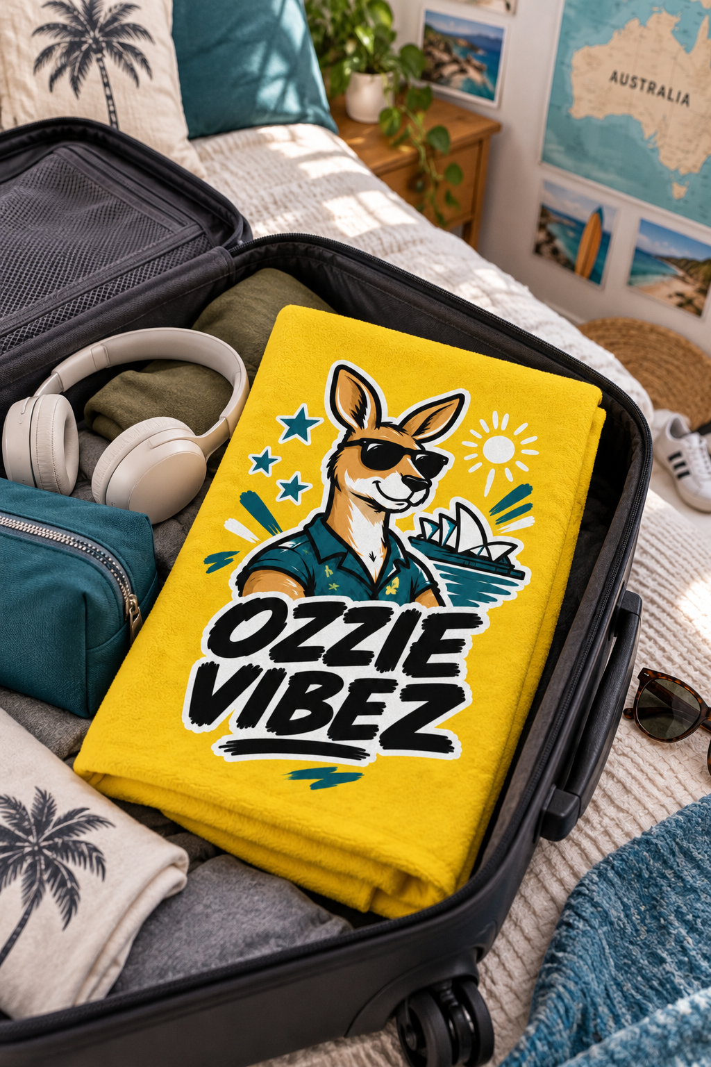 Ozzie Vibez Kangaroo Sunglasses Beach Towel | Sydney Opera House Design