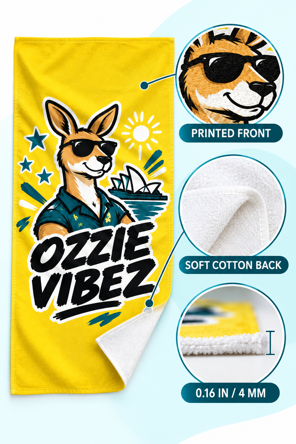 Ozzie Vibez Kangaroo Sunglasses Beach Towel | Sydney Opera House Design