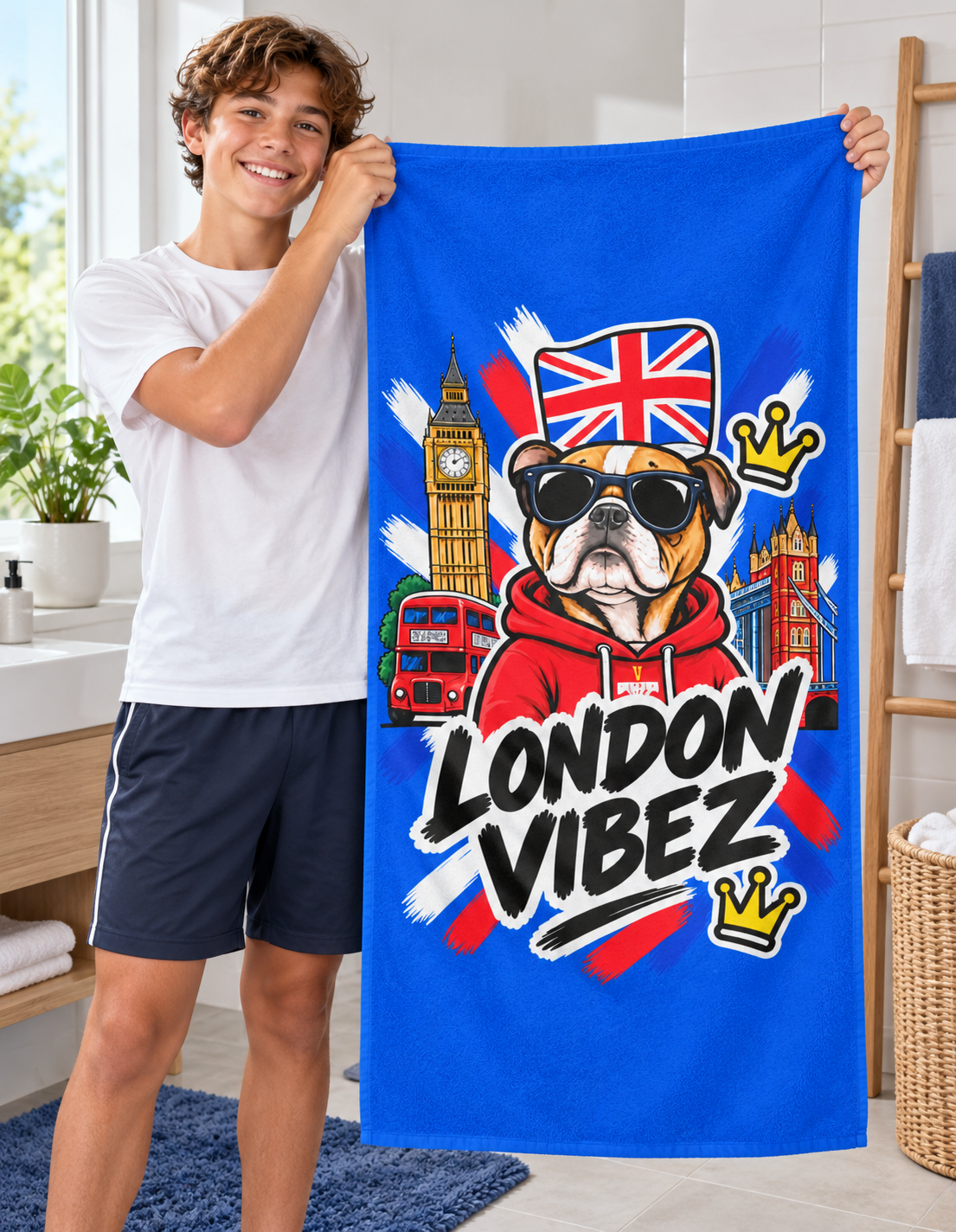 London Vibez Bulldog Illustration Beach Towel | Union Jack, Big Ben