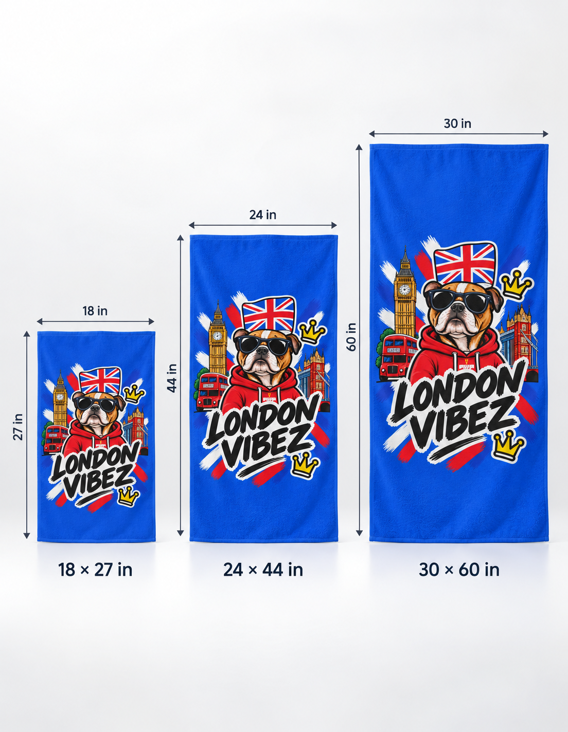 London Vibez Bulldog Illustration Beach Towel | Union Jack, Big Ben