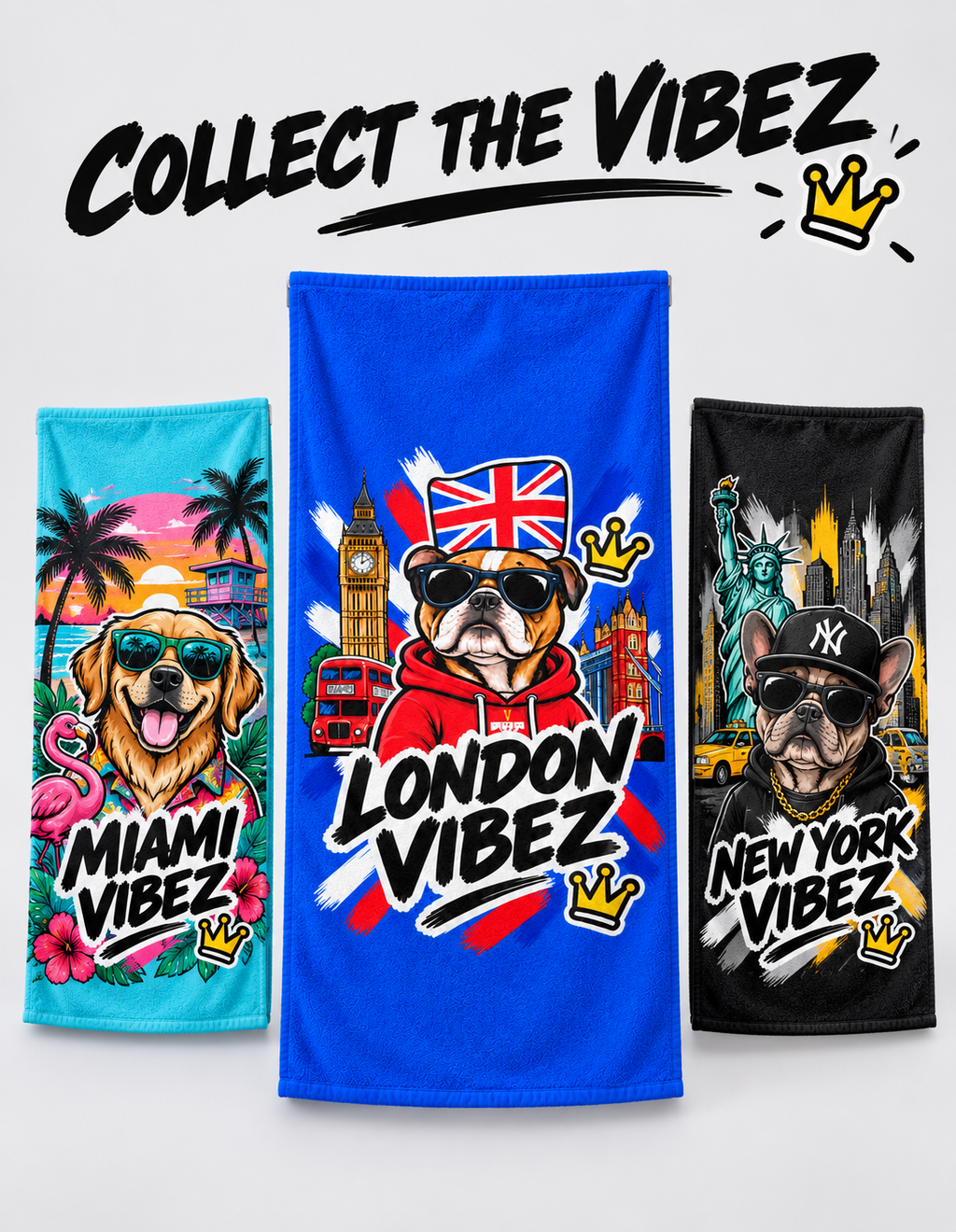 London Vibez Bulldog Illustration Beach Towel | Union Jack, Big Ben