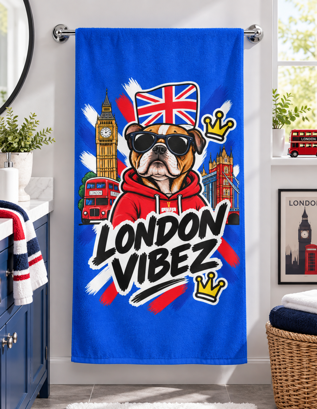 London Vibez Bulldog Illustration Beach Towel | Union Jack, Big Ben