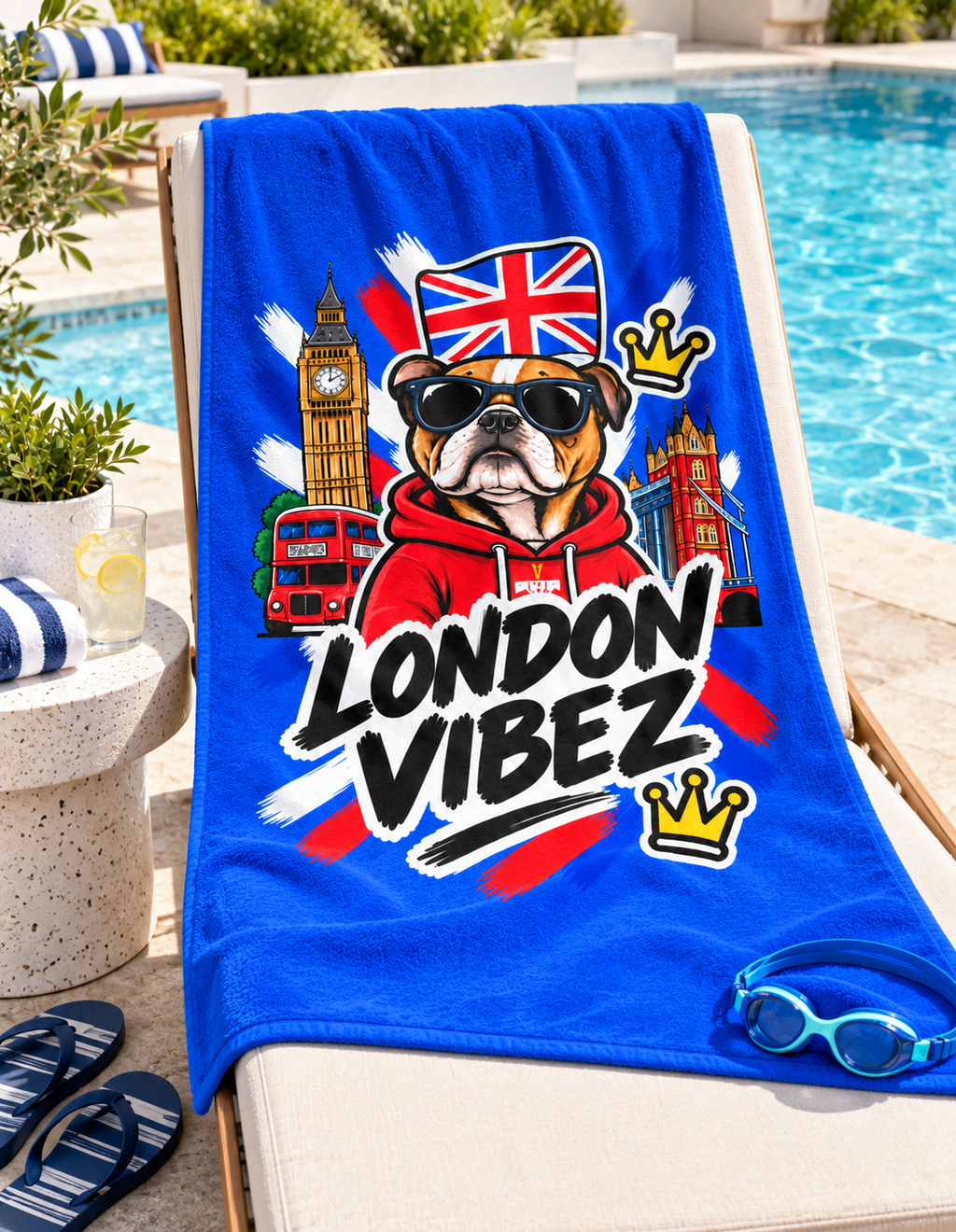 London Vibez Bulldog Illustration Beach Towel | Union Jack, Big Ben