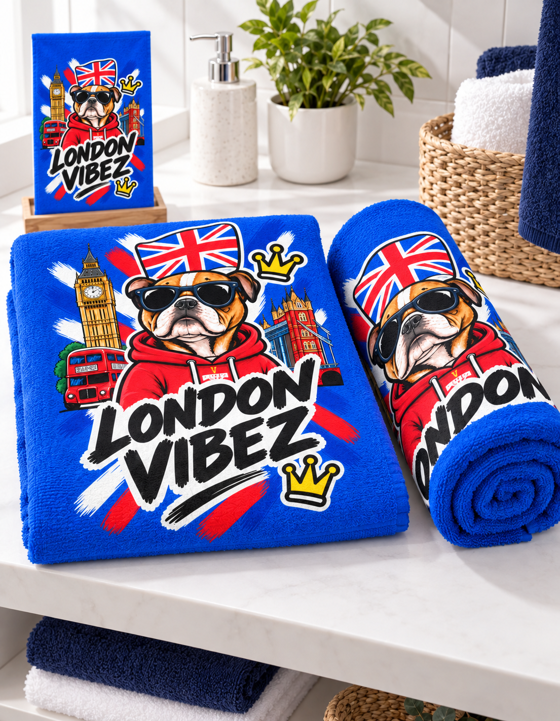 London Vibez Bulldog Illustration Beach Towel | Union Jack, Big Ben