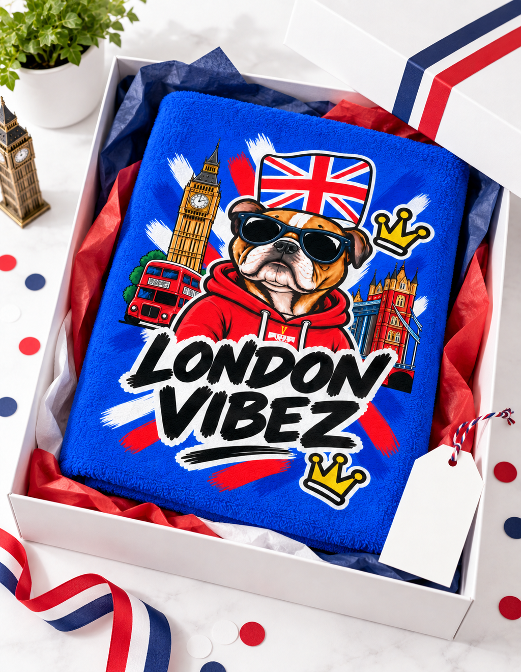 London Vibez Bulldog Illustration Beach Towel | Union Jack, Big Ben