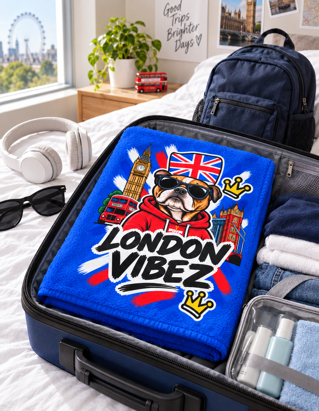 London Vibez Bulldog Illustration Beach Towel | Union Jack, Big Ben