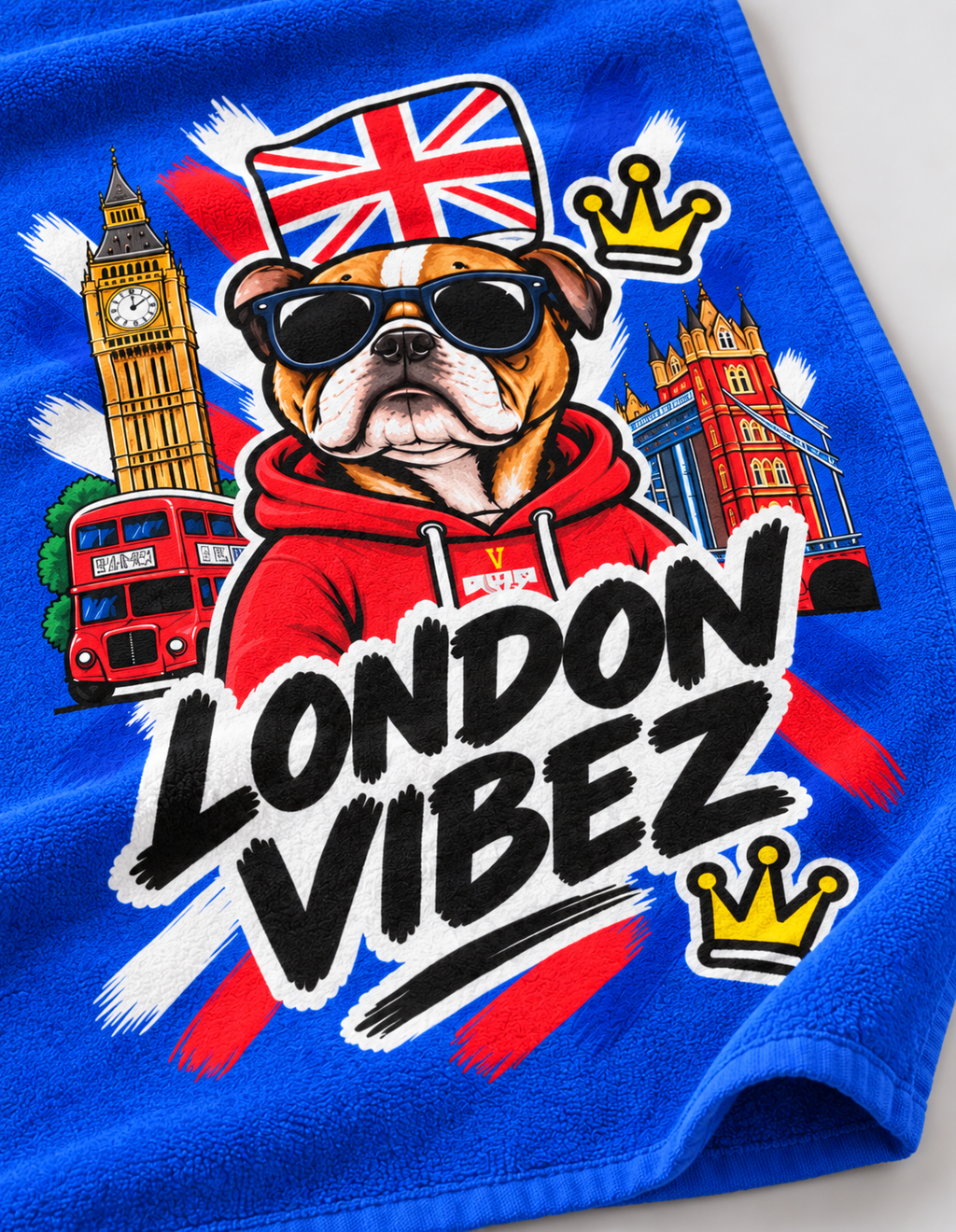 London Vibez Bulldog Illustration Beach Towel | Union Jack, Big Ben