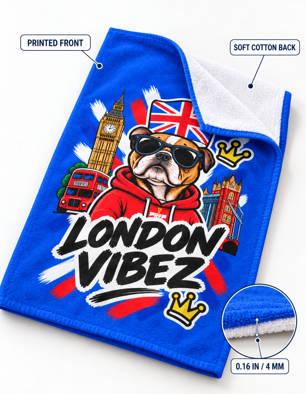 London Vibez Bulldog Illustration Beach Towel | Union Jack, Big Ben