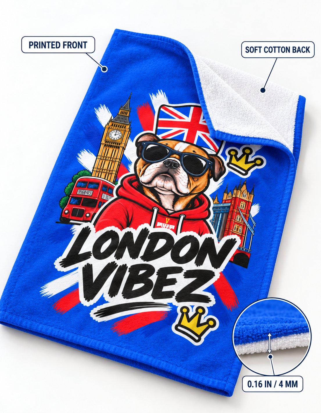 London Vibez Bulldog Illustration Beach Towel | Union Jack, Big Ben