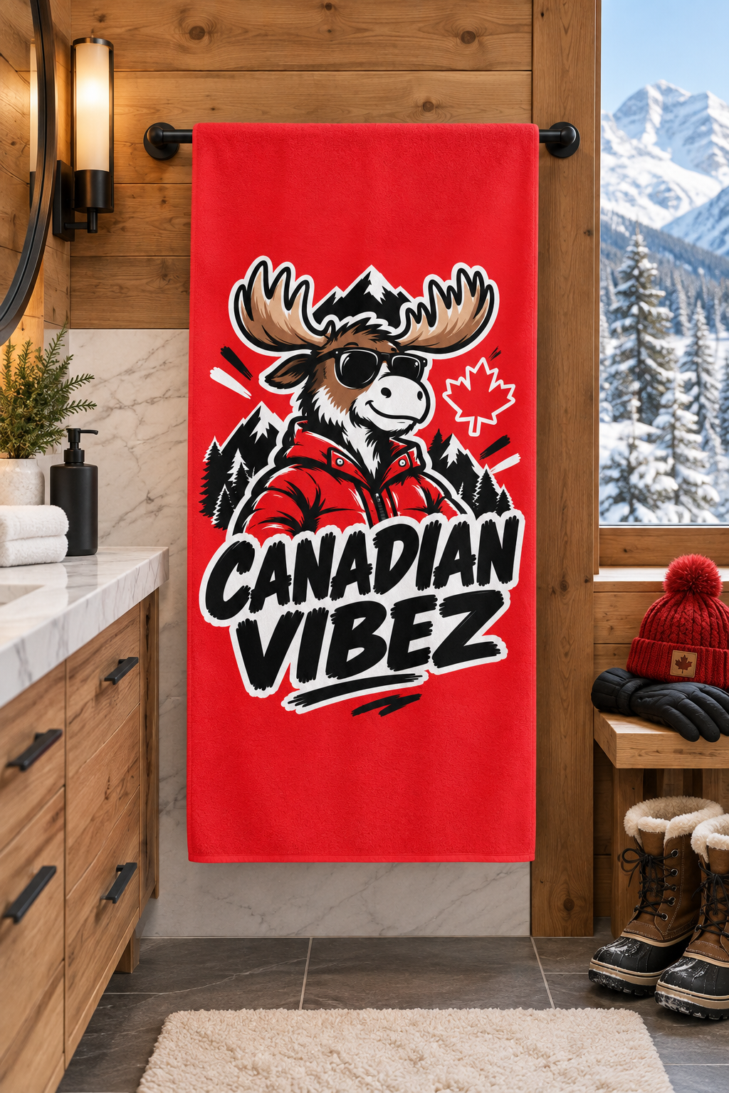Canadian Vibez Moose Graphic Beach Towel | Red Maple Leaf Cooler