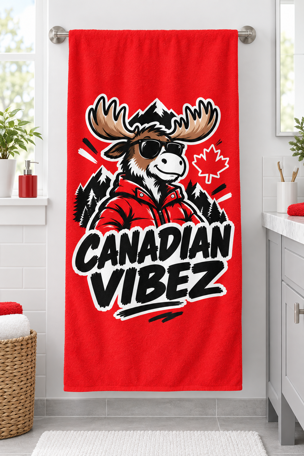 Canadian Vibez Moose Graphic Beach Towel | Red Maple Leaf Cooler