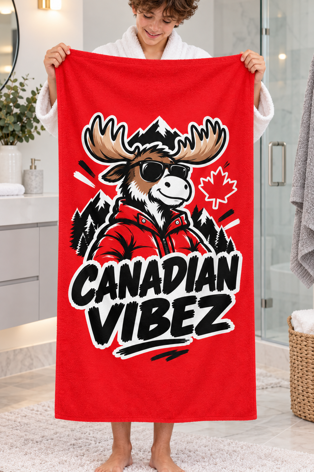 Canadian Vibez Moose Graphic Beach Towel | Red Maple Leaf Cooler