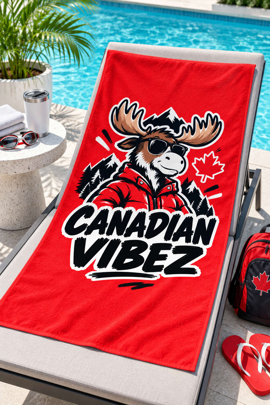 Canadian Vibez Moose Graphic Beach Towel | Red Maple Leaf Cooler