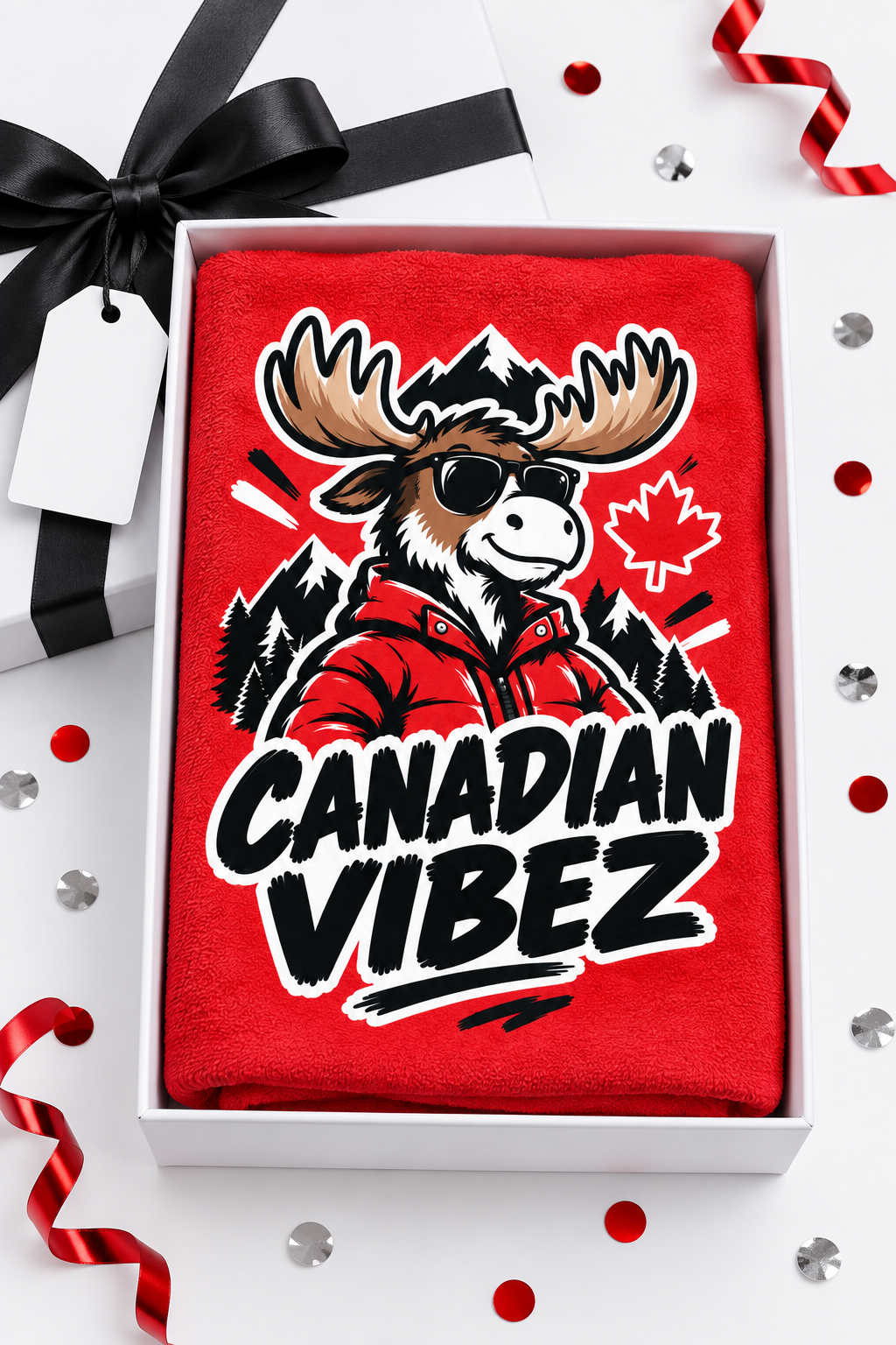 Canadian Vibez Moose Graphic Beach Towel | Red Maple Leaf Cooler