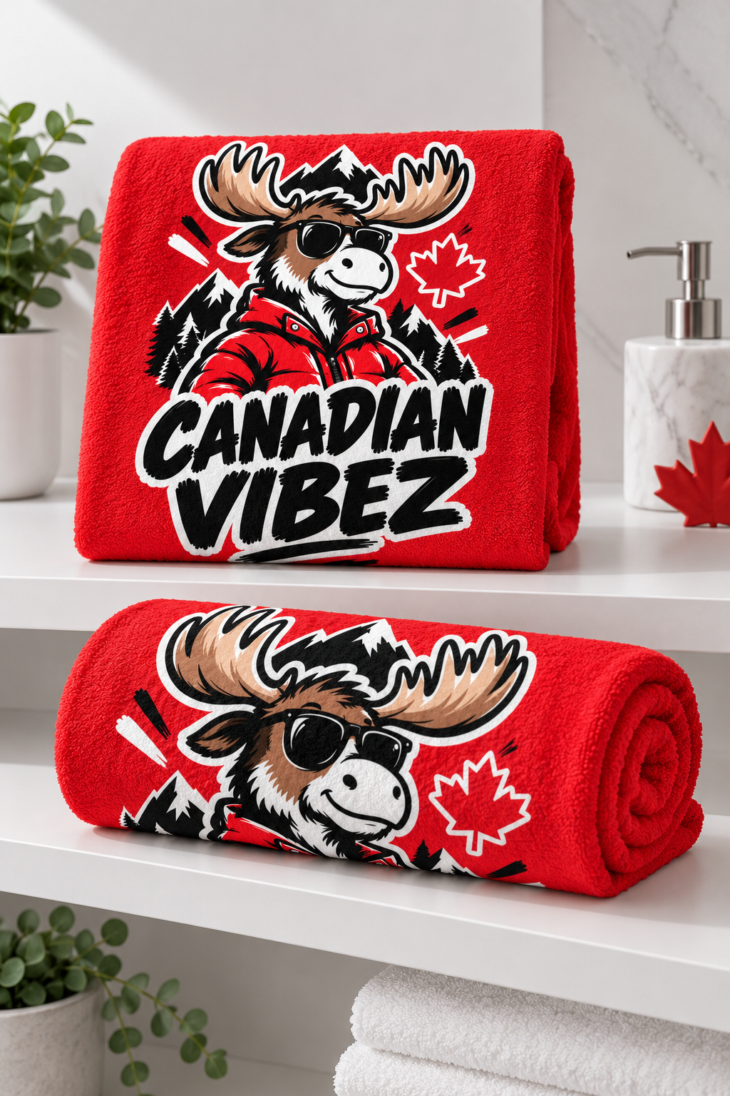 Canadian Vibez Moose Graphic Beach Towel | Red Maple Leaf Cooler